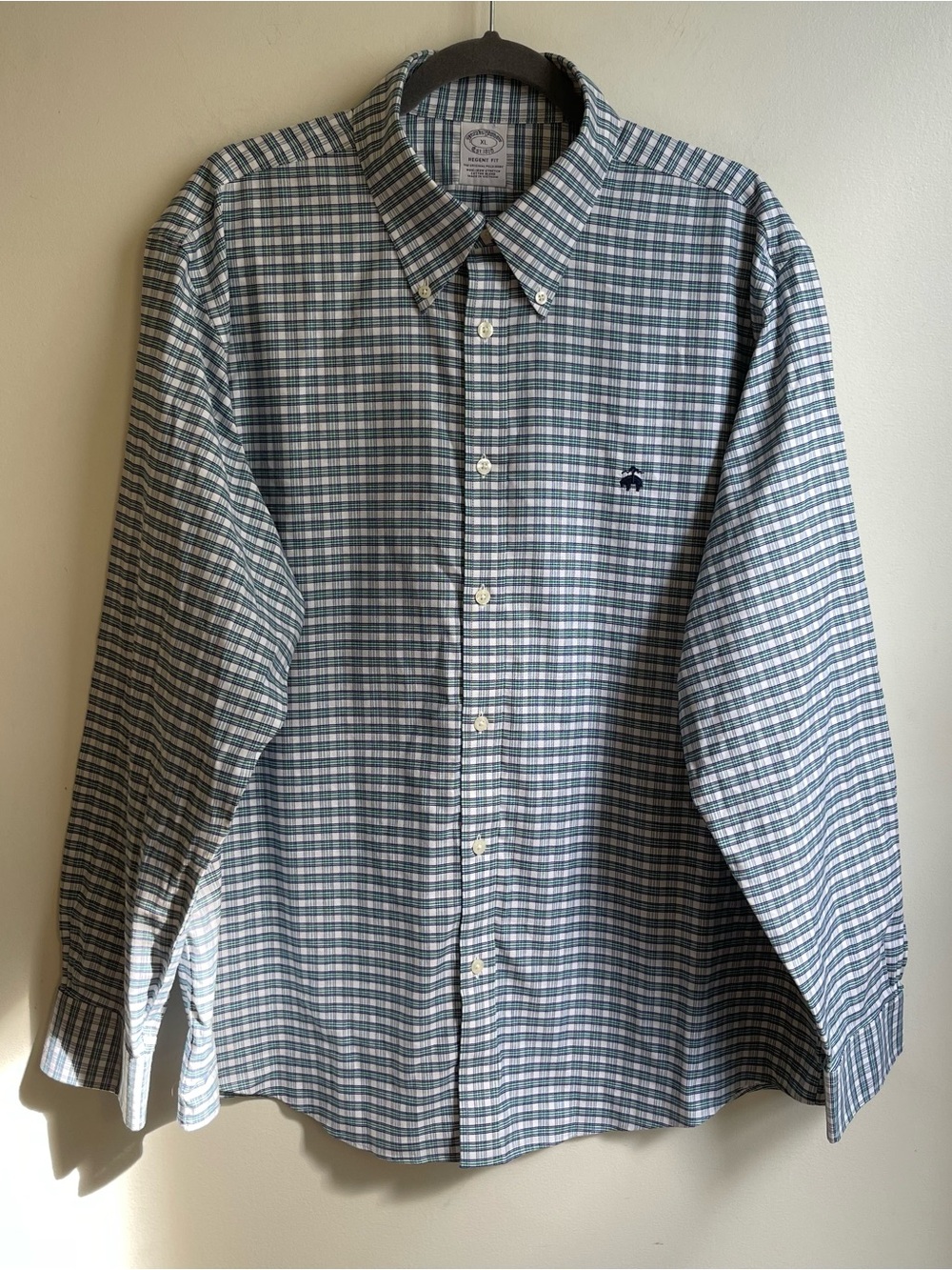 Brooks Brothers Regent Fit Plaid Shirt Button Down Cotton Blue Green No Iron XL